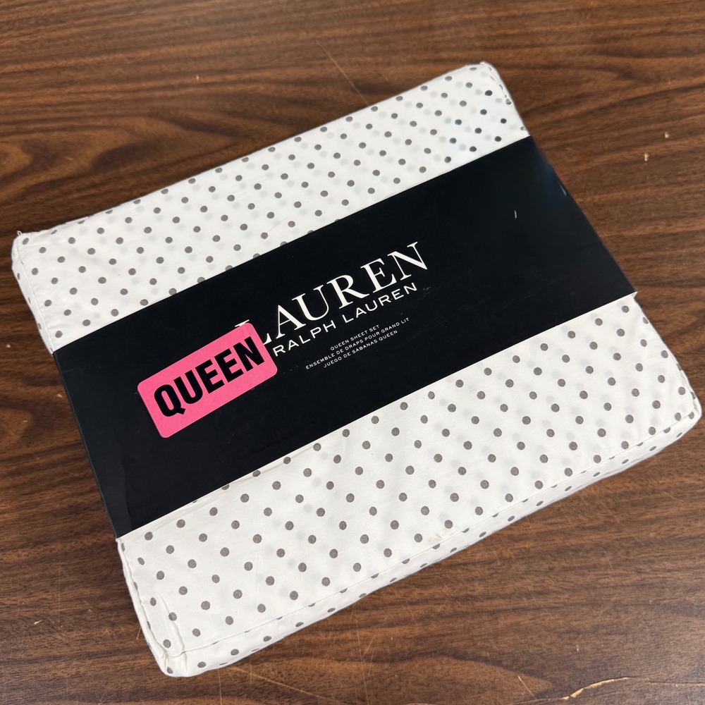 NEW Ralph Lauren QUEEN 4PC Sheet Set White Grey Polka Dots 100% Cotton ExtraDeep